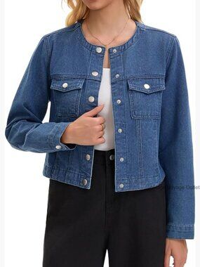 Collarless Denim Jacket Long Sleeve Button Down Crop Jacket Spring Outfit